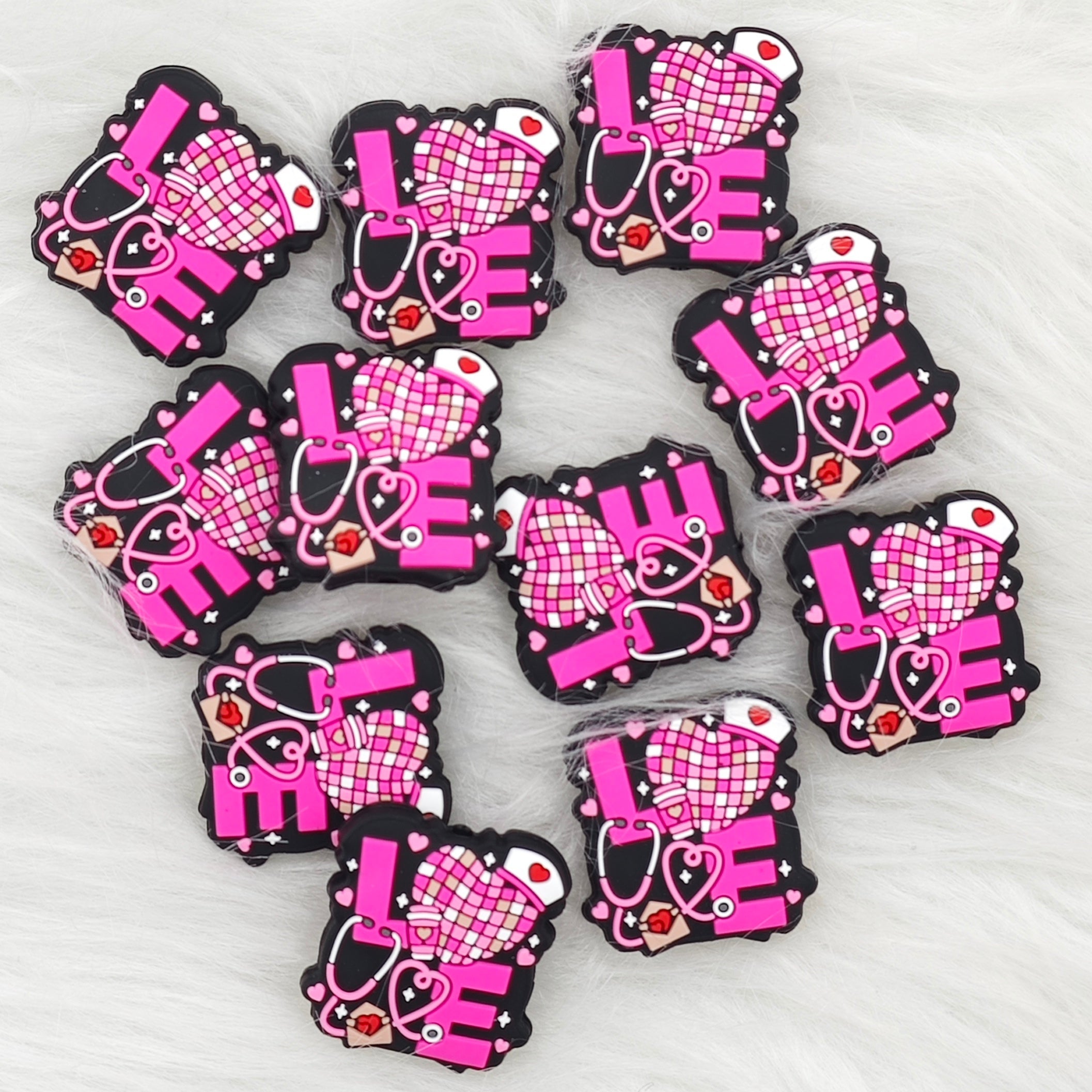 Pink LOVE Nurse Silicone Focal Beads Wholesale Nurse Focal Beads Love Job Focal Beads
