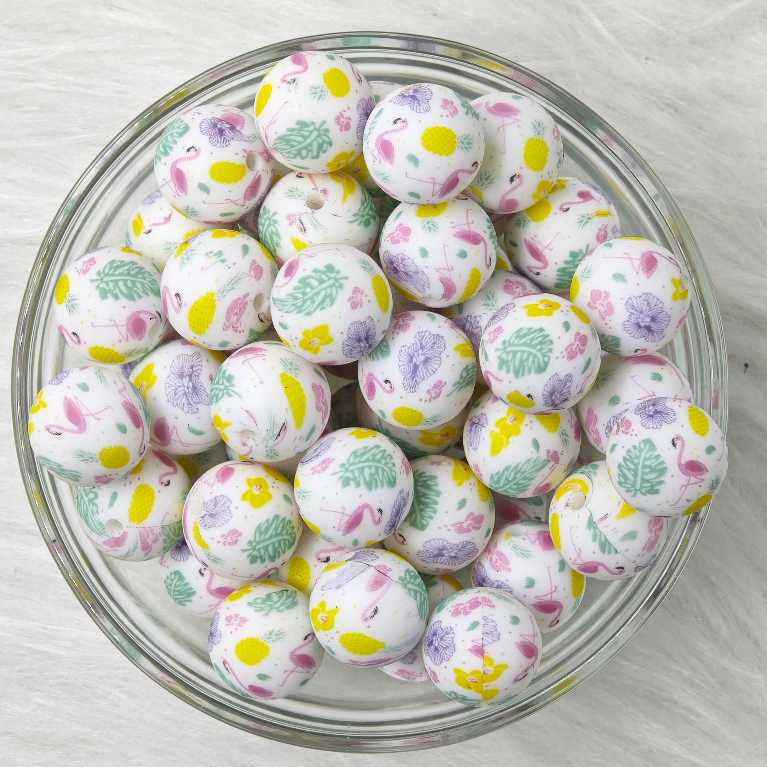 15mm flamingo and flowers Printed Silicone Beads 15mm