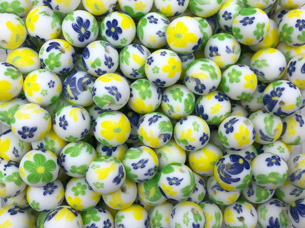 15mm Blue, Yellow & Green Flower Printed Silicone Beads 15mm