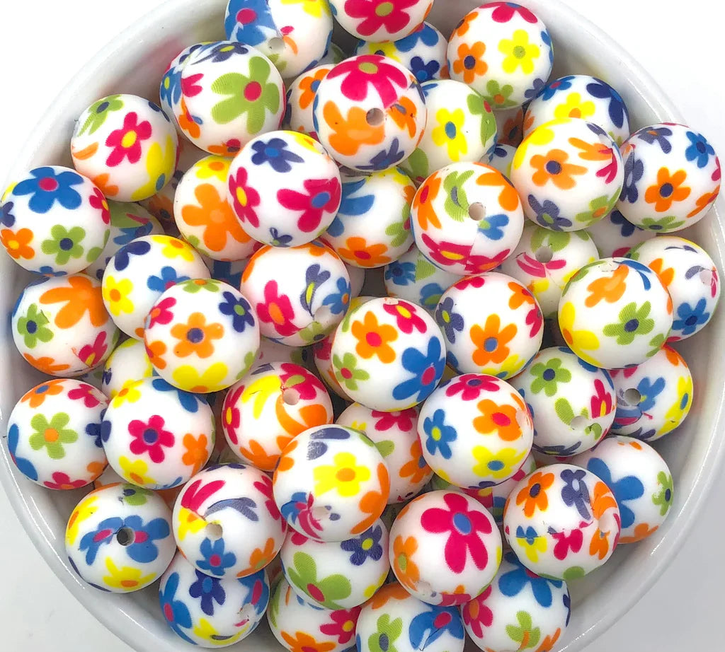 15mm Colorful Flower Printed Silicone Beads 15mm