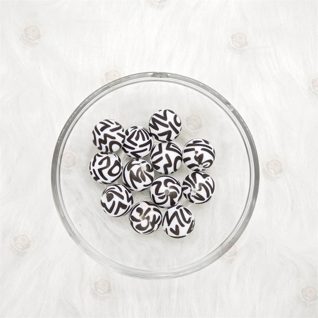 15mm Black Line Pattern Printed Silicone Beads 15mm
