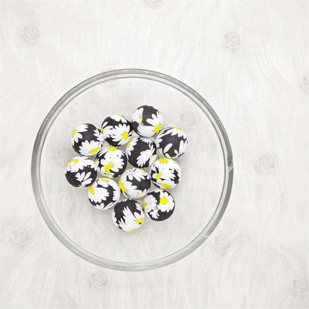 15mm Black and White Daisy Printed Silicone Beads 15mm