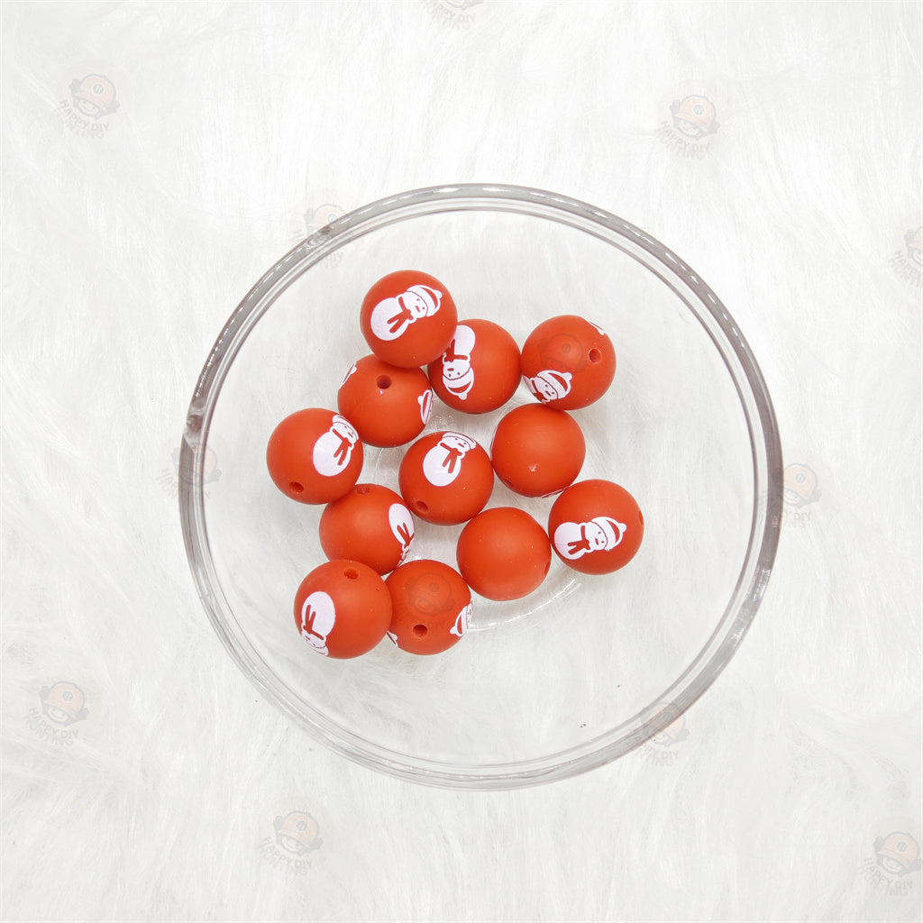 15mm Christmas Snowman Pattern Printed Silicone Beads