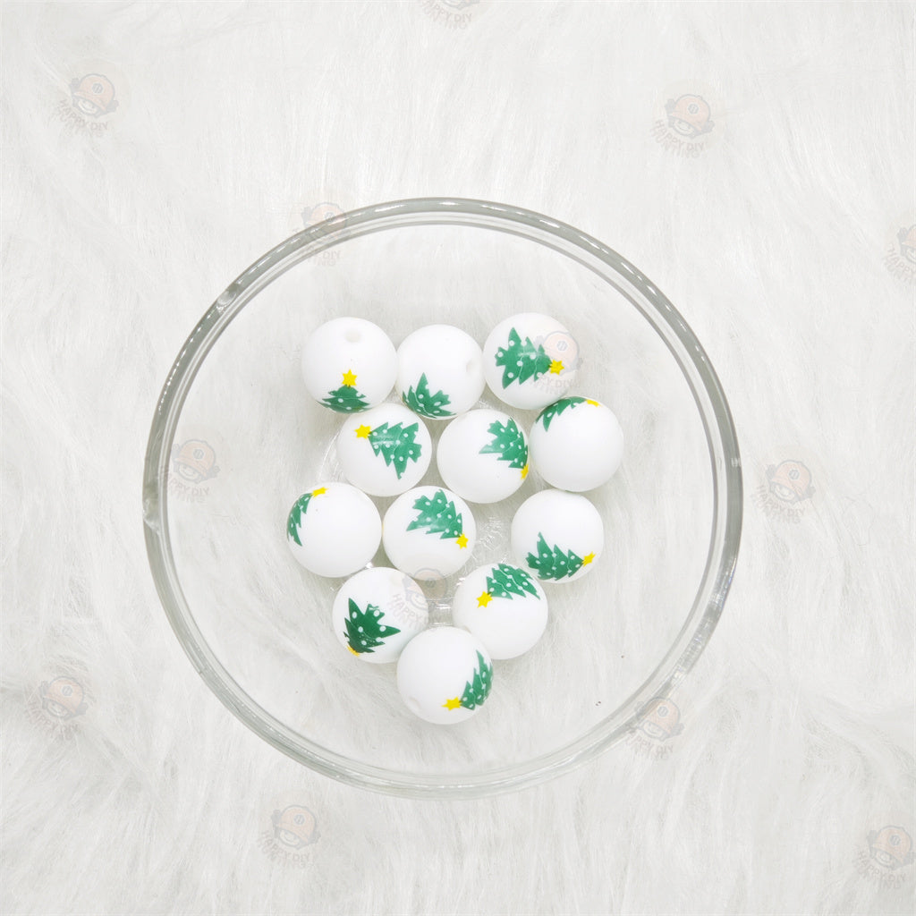 15mm Christmas Tree Pattern Printed Silicone Beads 15mm