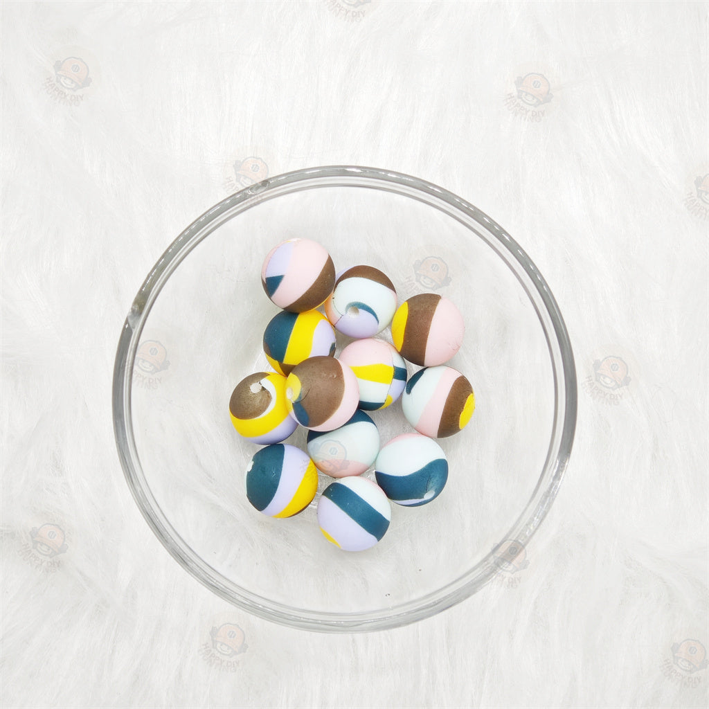 15mm Colorful Line Pattern Printed Silicone Beads 15mm