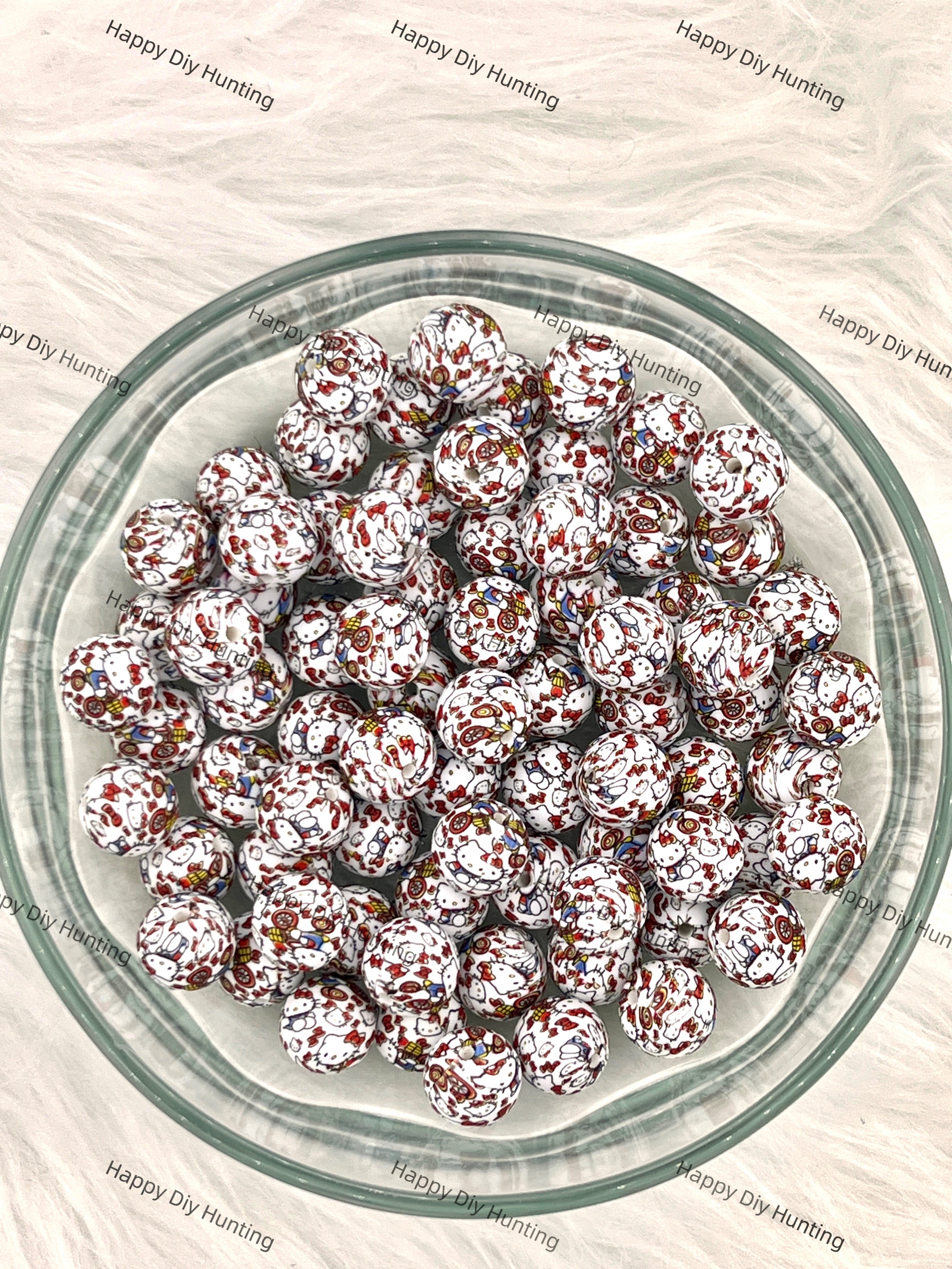 15mm Cycling Kitty Cat Printed Silicone Beads 15mm