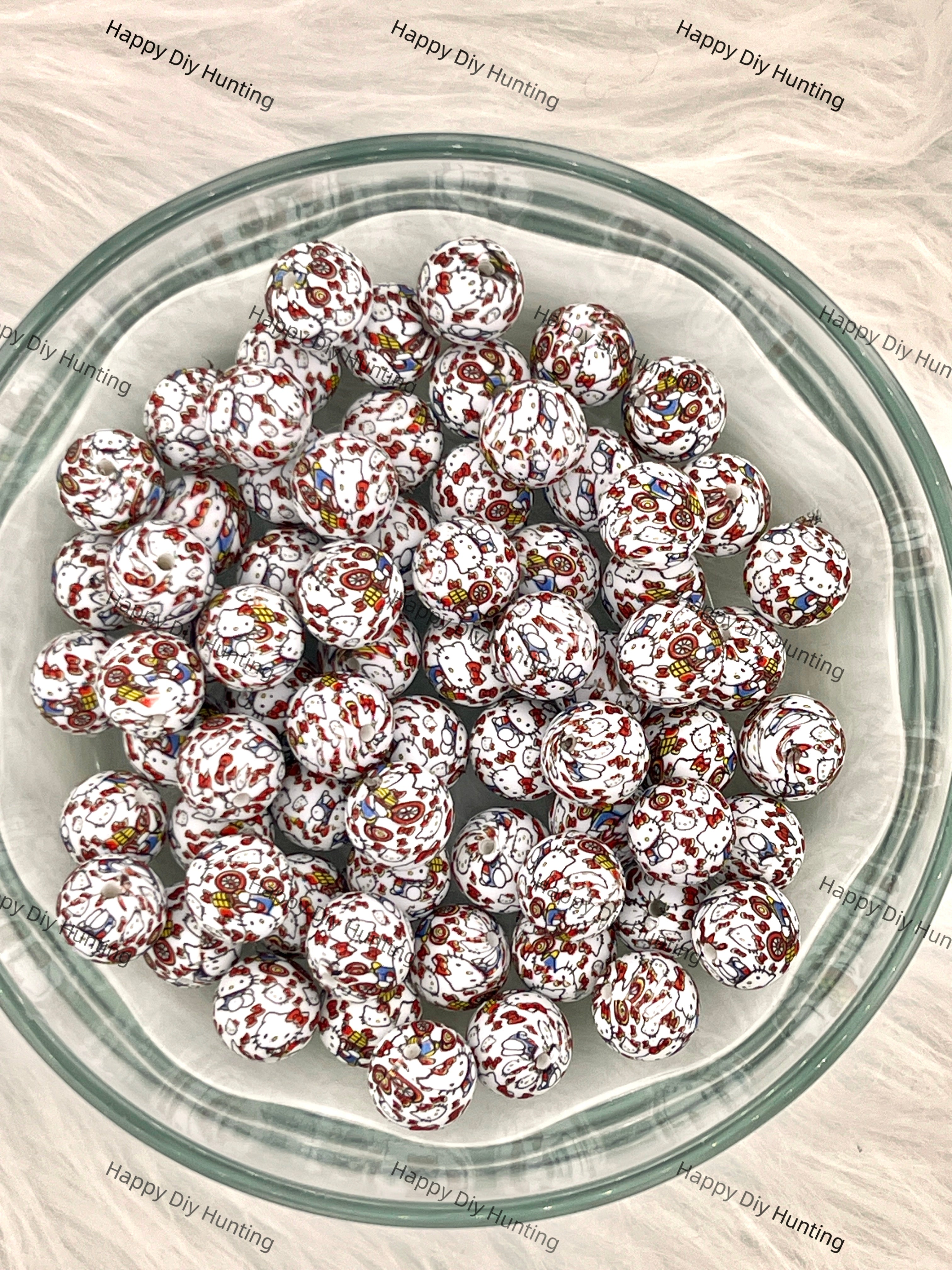 15mm Cycling Kitty Cat Printed Silicone Beads 15mm