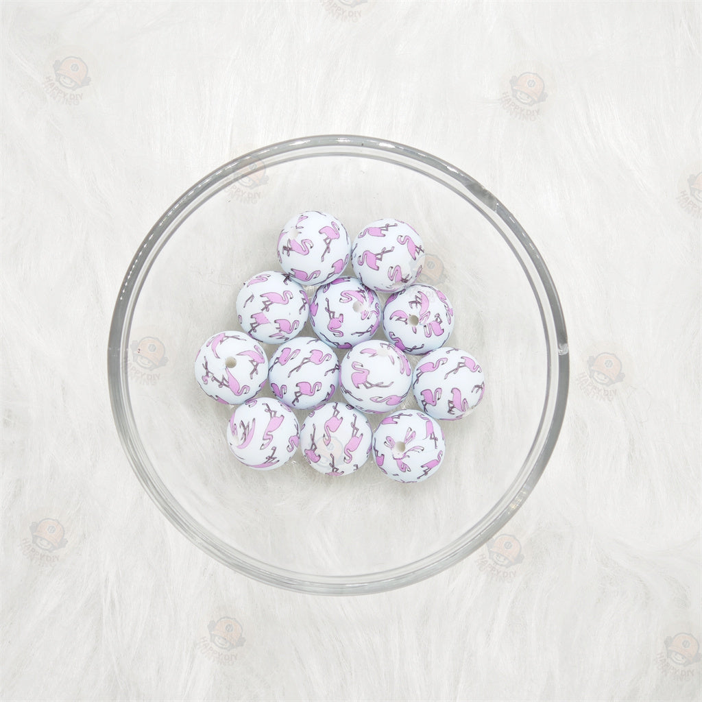15mm Flamingo Printed Silicone Beads 15mm