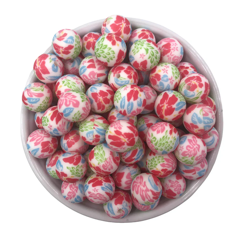 15mm Flower Pattern Printed Silicone Beads 15mm
