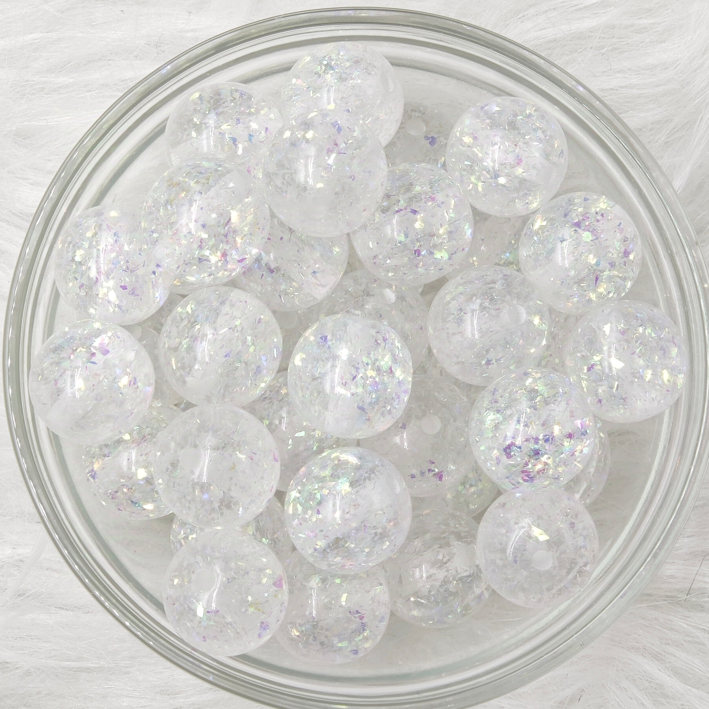 16mm, Glitter Round White Acrylic Beads