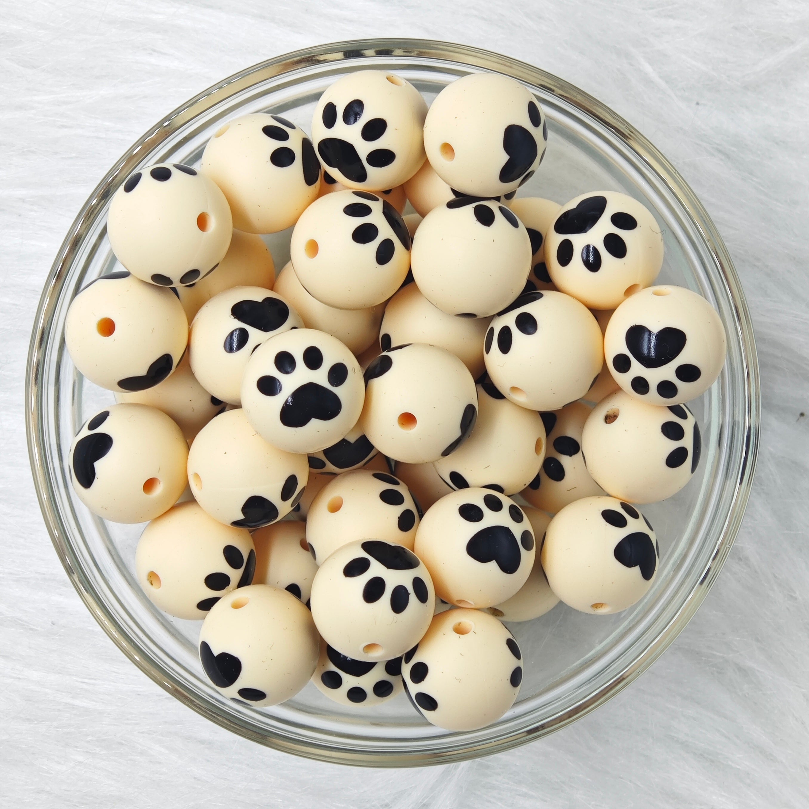 15mm Black Paw Yellow Background Printed Silicone Beads