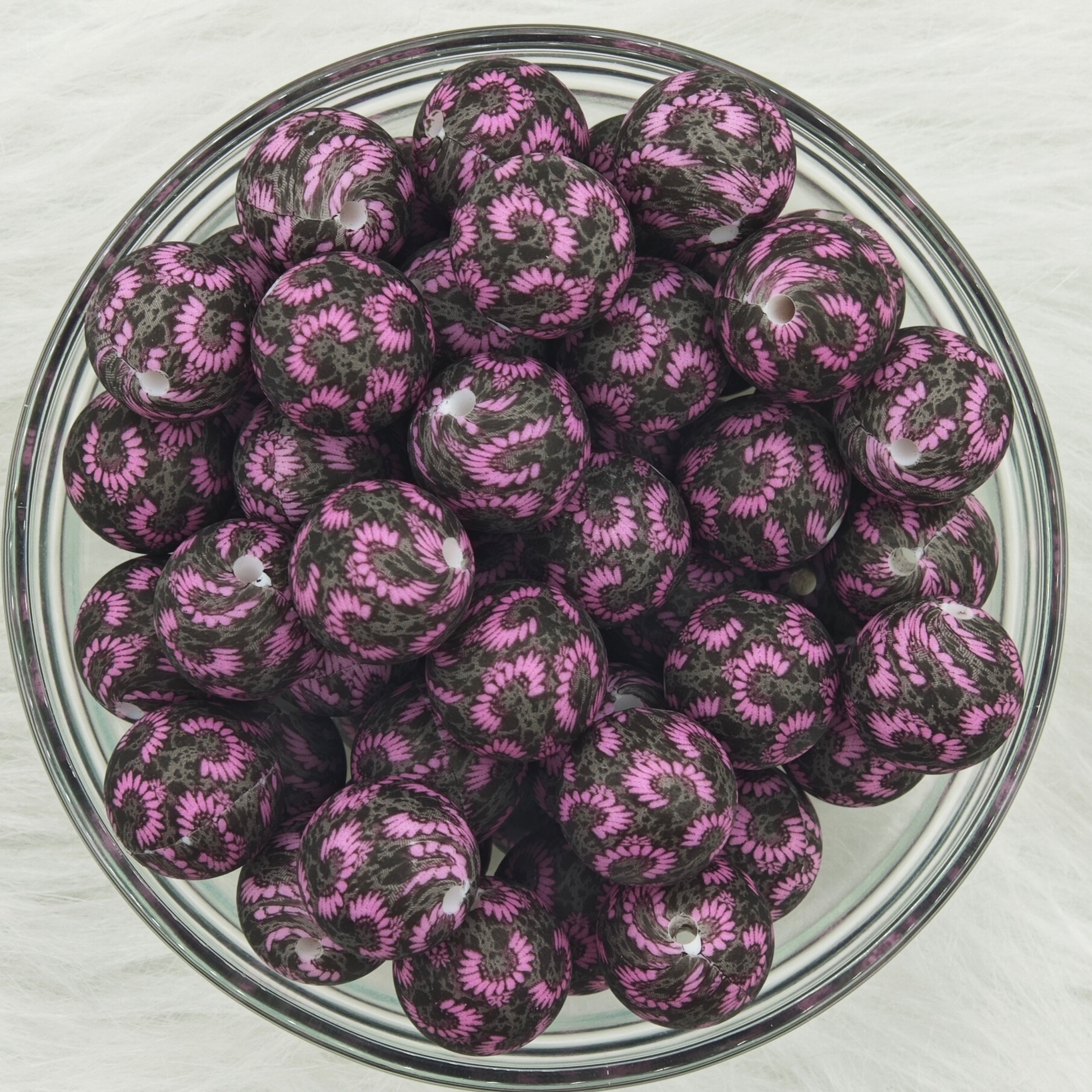 15mm black&pink sunflowers Printed Silicone Beads 15mm