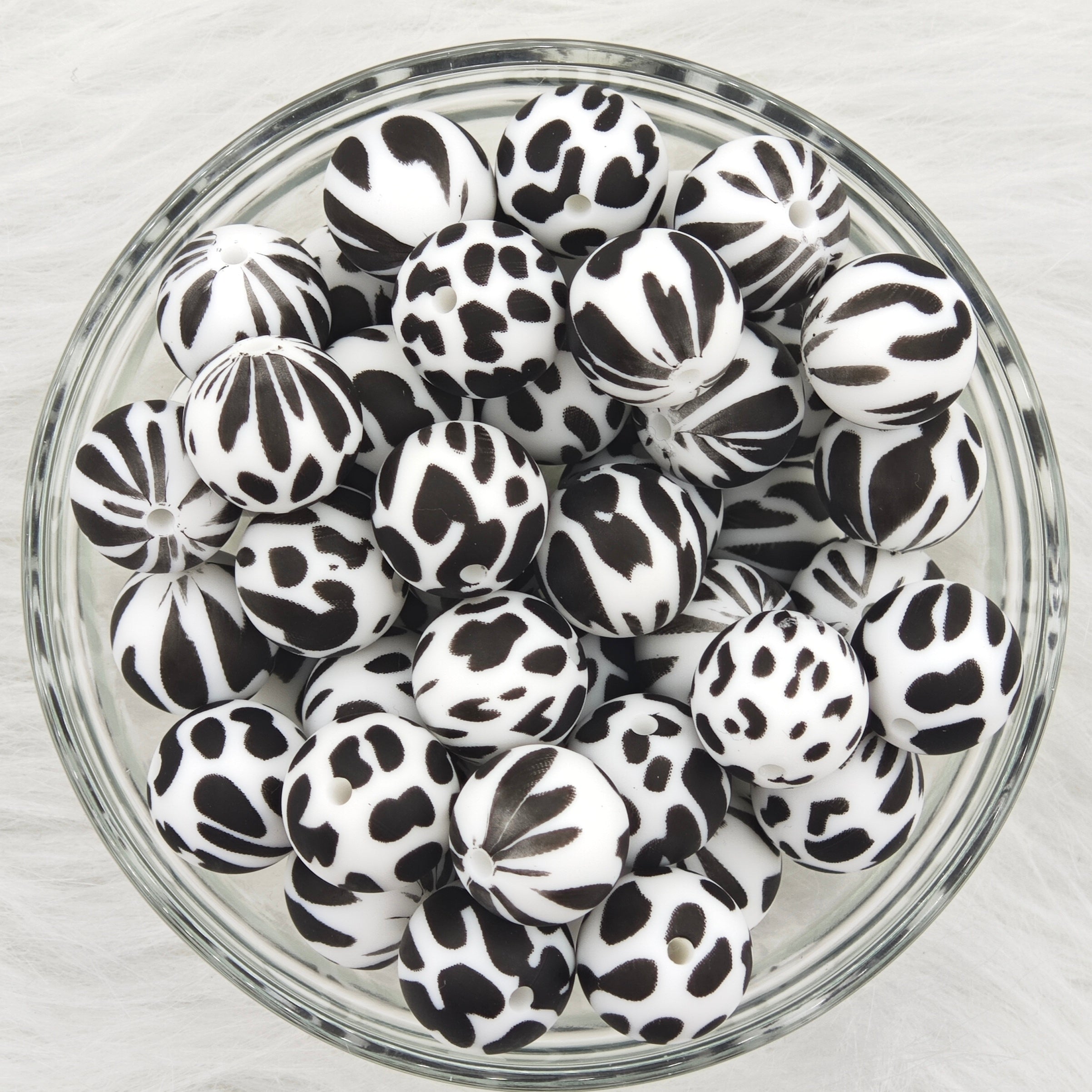 15mm Black Cow Printed Silicone Beads 15mm