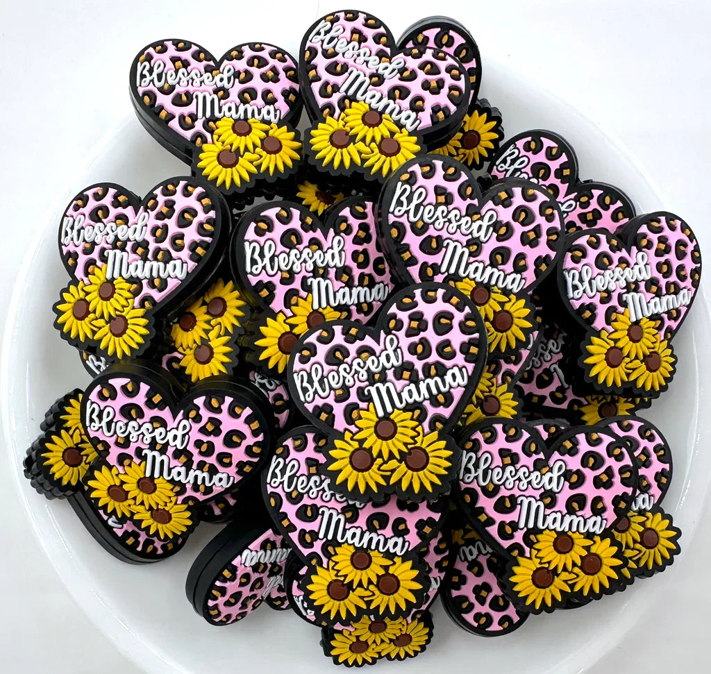 Blessed Mama Heart Silicone Focal Beads, Quote Focal Beads