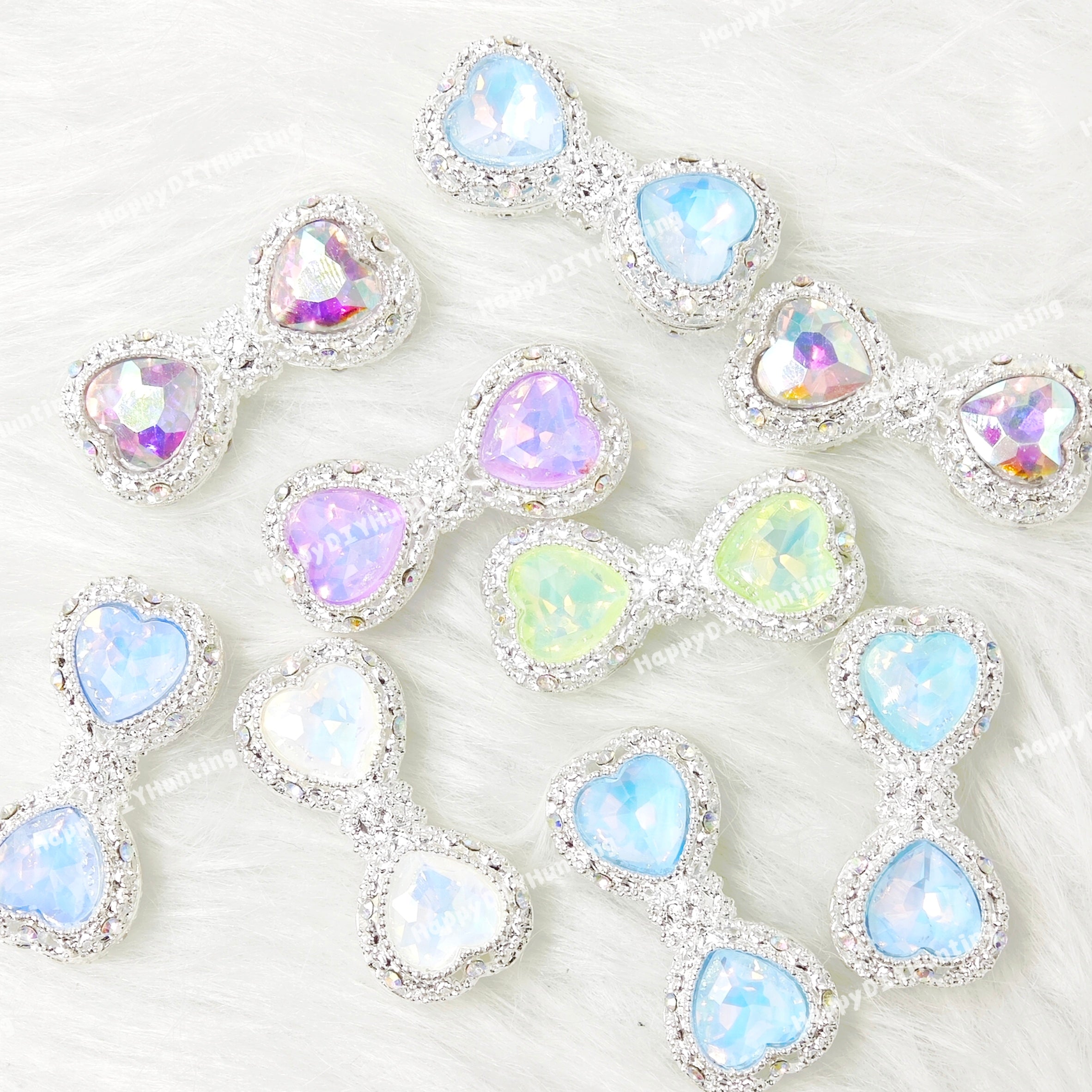 Bow Shape Hollow Alloy Acrylic Beads with Heart Rhinestones