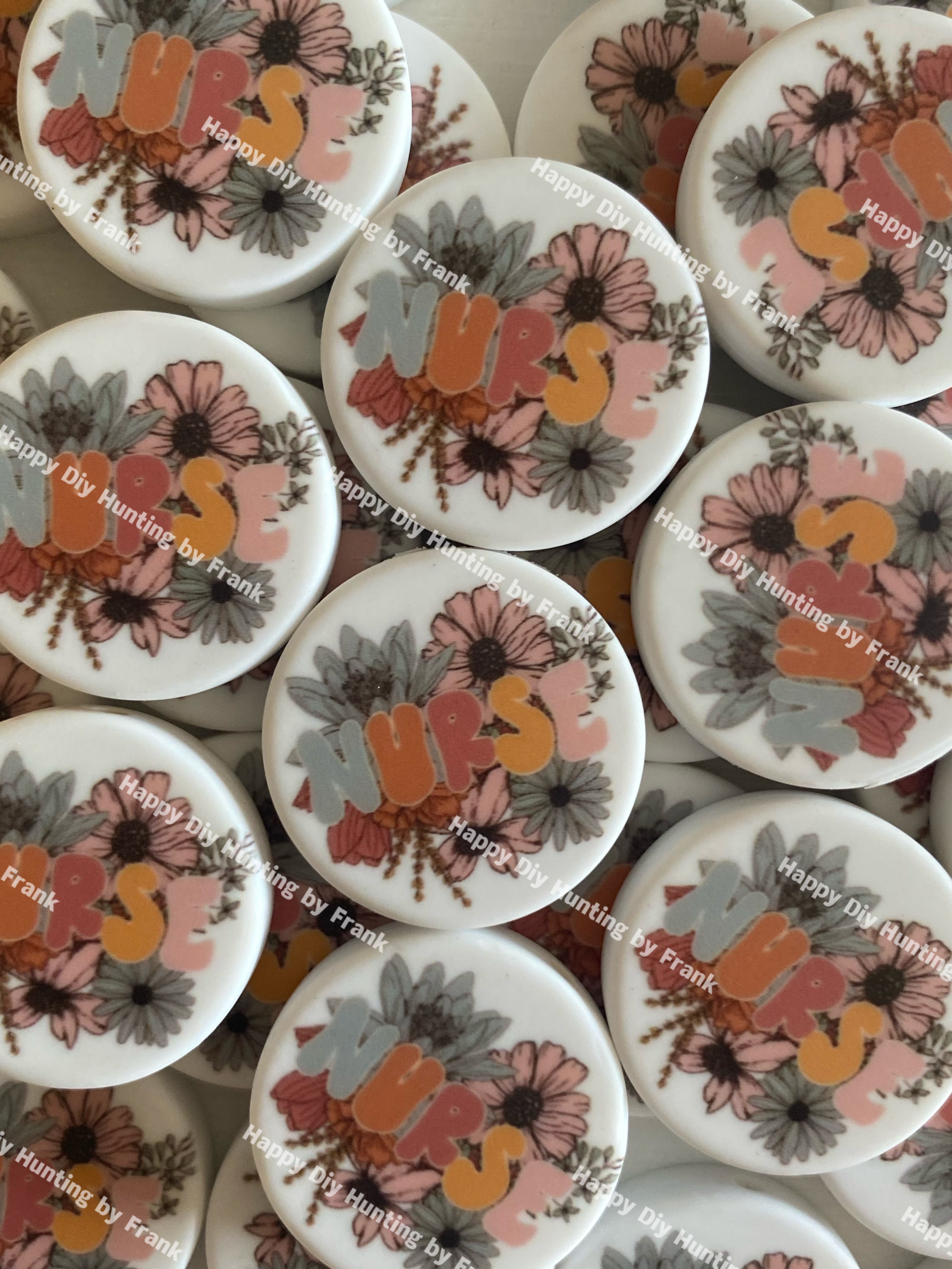 Flower Printed Nurse Focal Beads Round Nurse Silicone Focal Beads