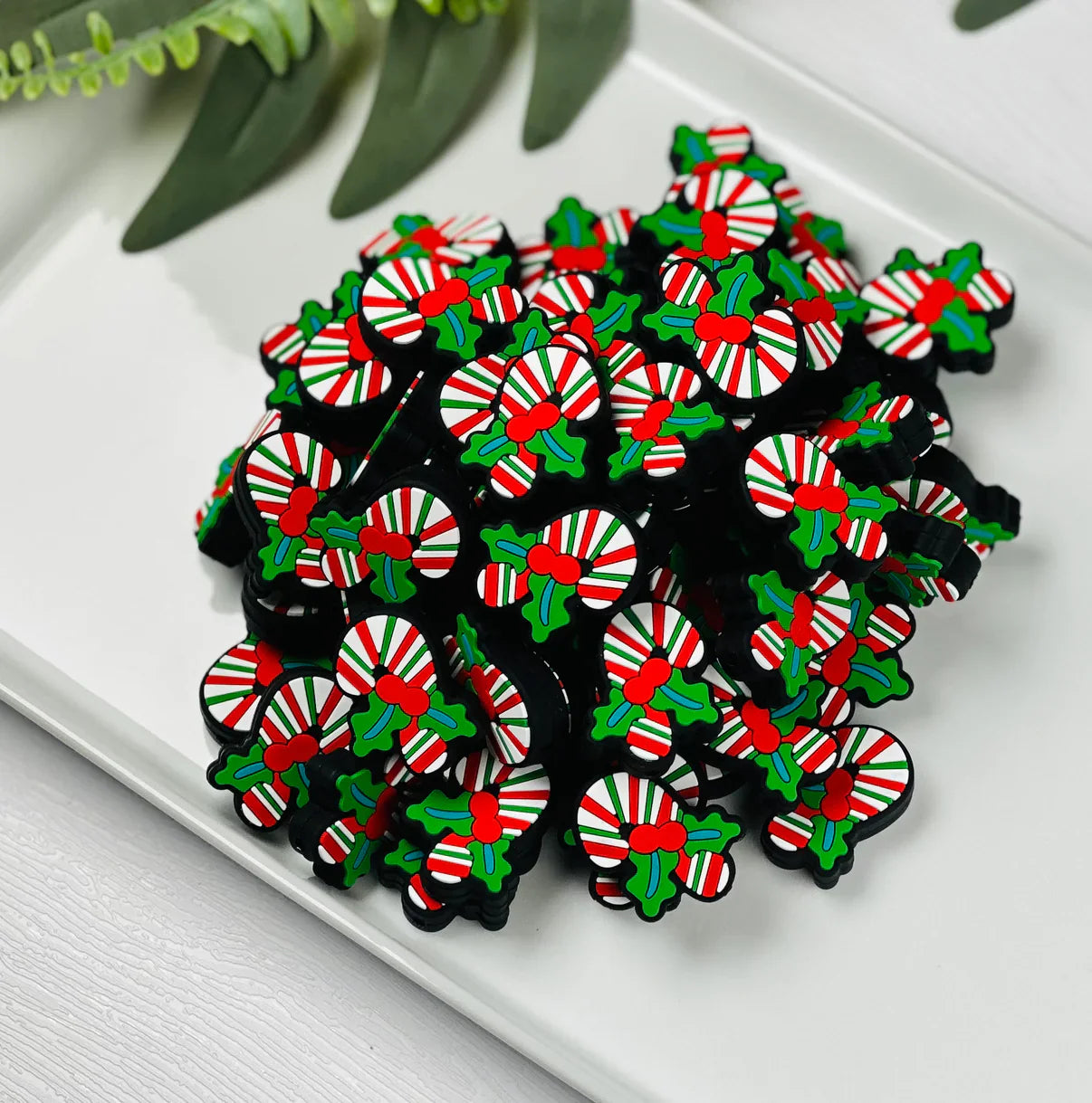 Green Stripe Candy Cane Christmas Silicone Focal Beads , Christmas Focal Beads
