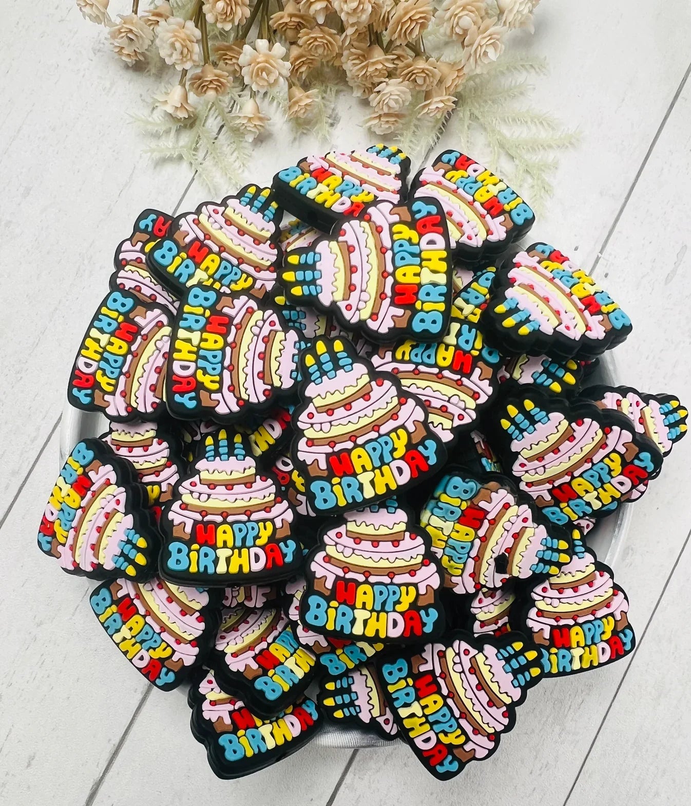 Happy Birthday CAKE Silicone Focal Beads, Quote Focal Beads