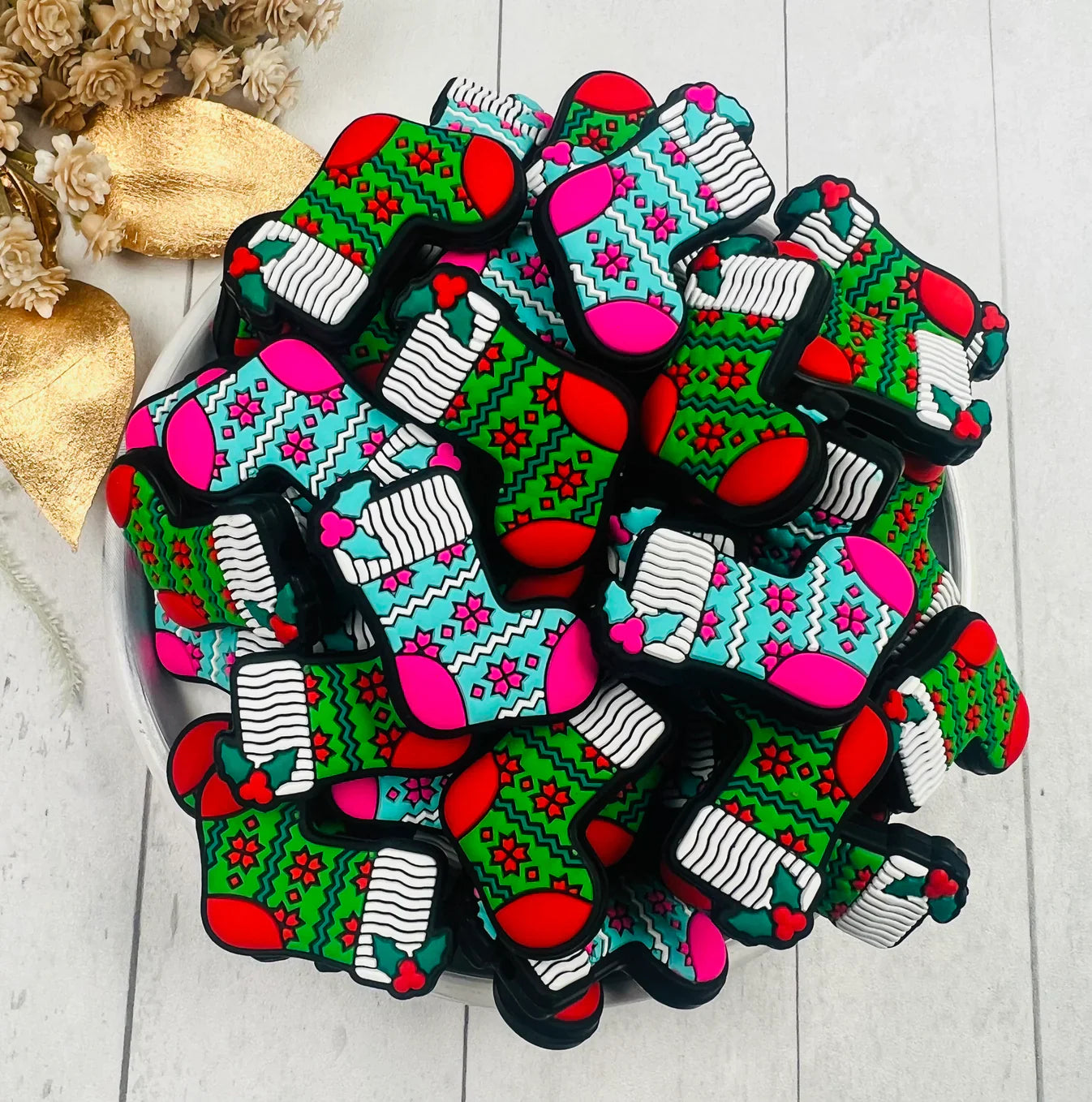 Holly Stocking Christmas Silicone Focal Beads , Christmas Focal Beads