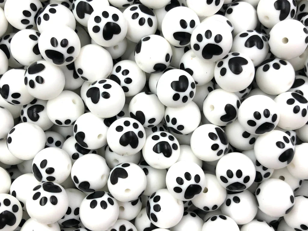15mm Large White Bear Paw Printed Silicone Beads 15mm
