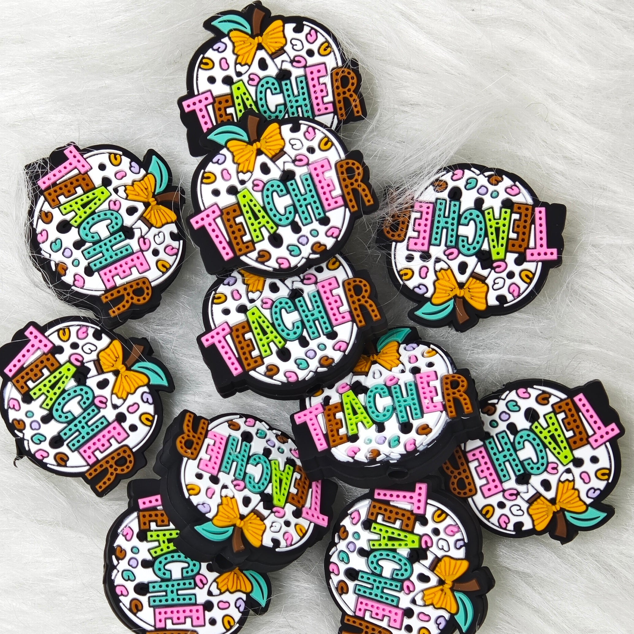 Leopard print apple teacher Silicone Focal Beads Wholesale, Teaching focal beads