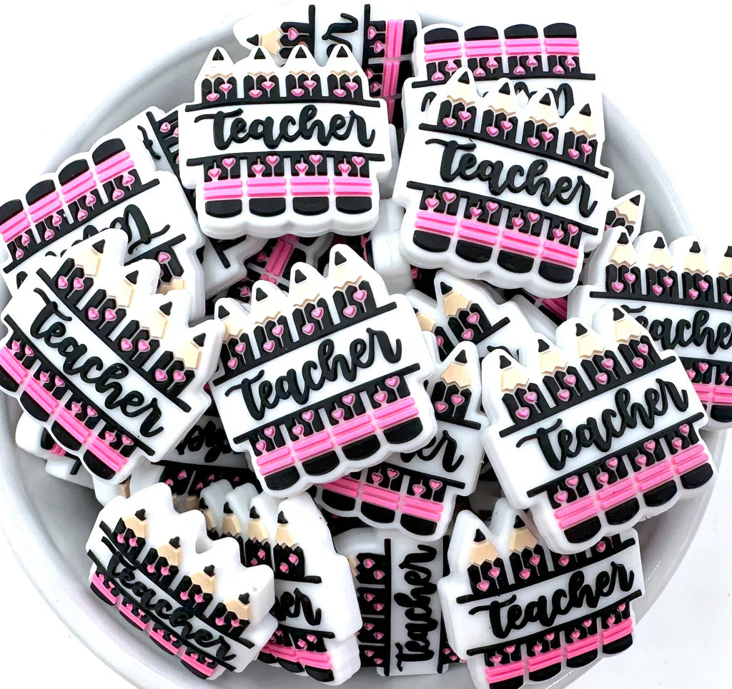 Teacher Black & Pink Pencils Silicone Focal Beads, Quote Focal Beads
