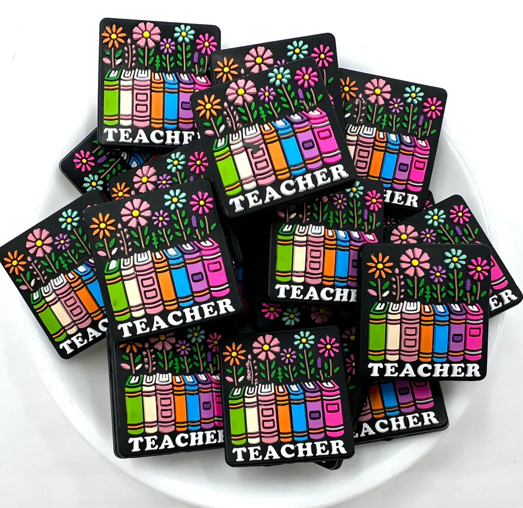 Teacher Books & Flowers Silicone Focal Beads, Quote Focal Beads