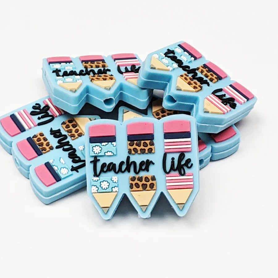 Teacher Life Pencil Silicone Focal Beads, Quote Focal Beads