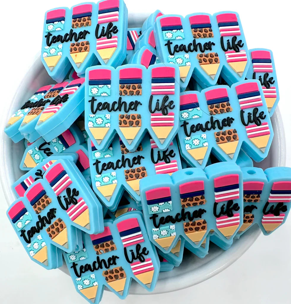 Teacher Life Pencil Silicone Focal Beads, Quote Focal Beads